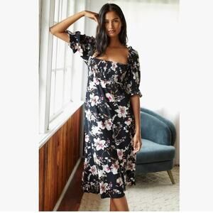 Anthropologie Sz S Puff Sleeve Smocked Floral Midi Dress